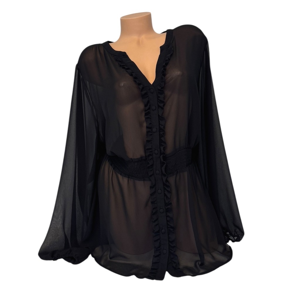 Torrid Womens Size 4 Black Chiffon Ruffle Trim Button‎ Down Long Sleeve Blouse